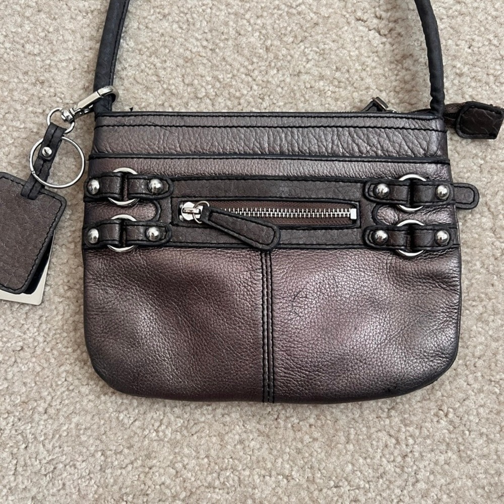 Etienne Aigner Crossbody Bag Bronze Metallic Leather Zip Pocket Small Purse - Picture 10 of 12